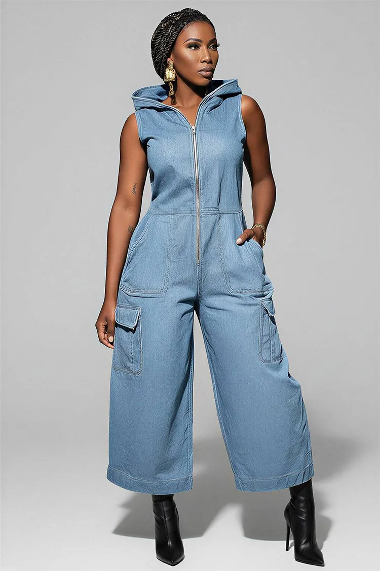 Xpluswear Design Plus Size Party Light Blue Hoodies Cargo Zipper Tencel Denim Jumpsuits [Pre-Order] 2024 - Xpluswear
