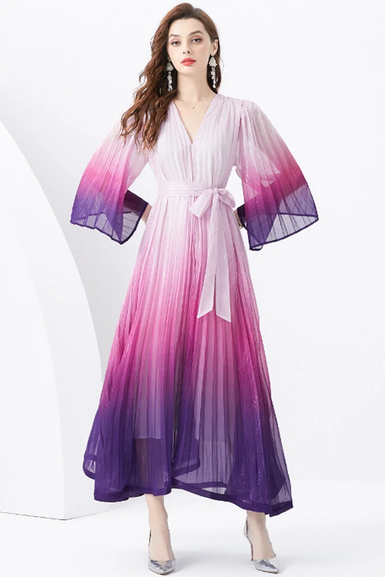 Everyday Purple Ombre Print Flare Sleeve Pleated Midi Dress