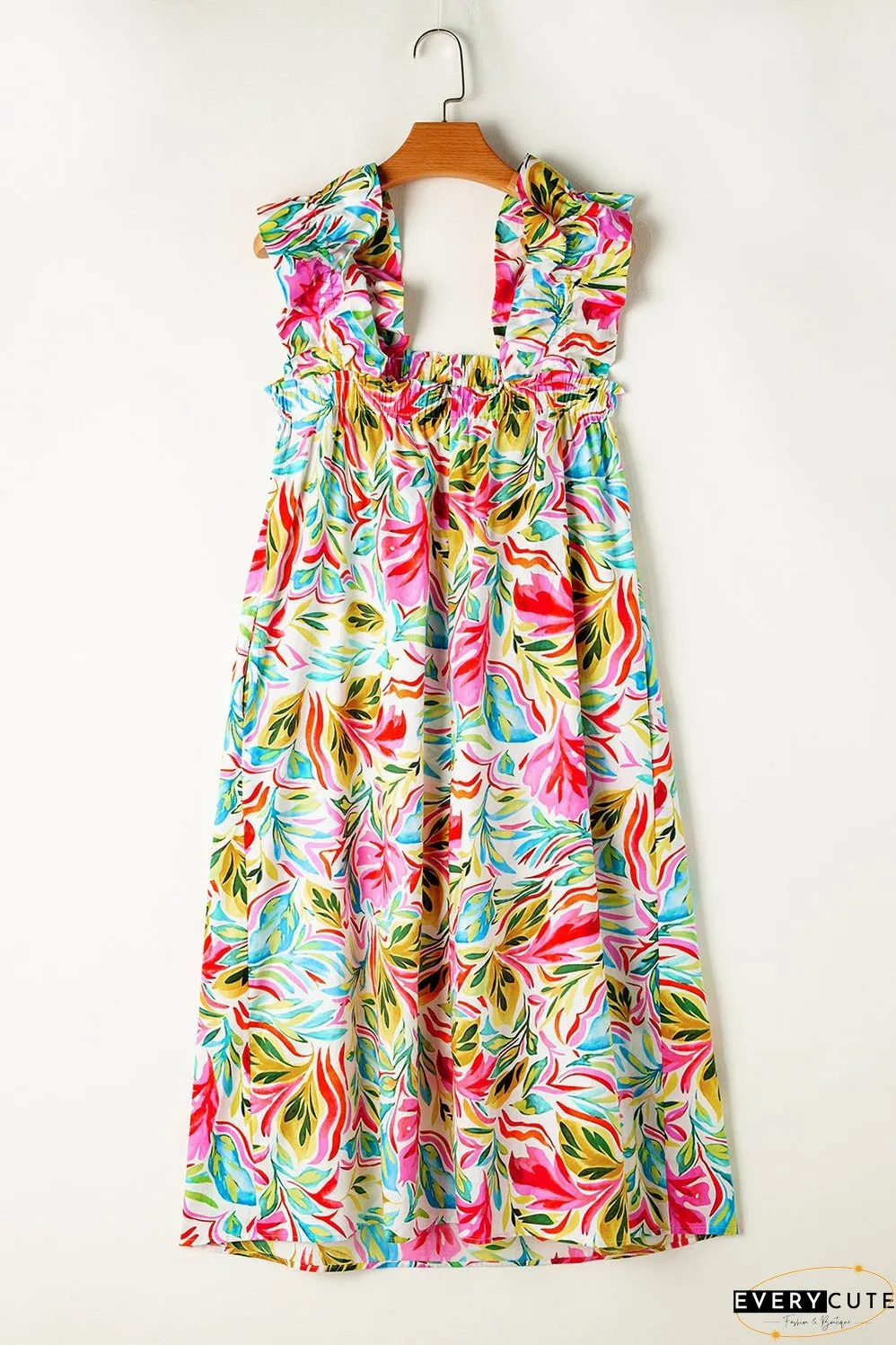 White Floral Print Ruffled Sleeveless Midi Dress