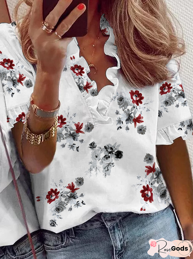 Vacation V Neck Floral Shirts & Tops