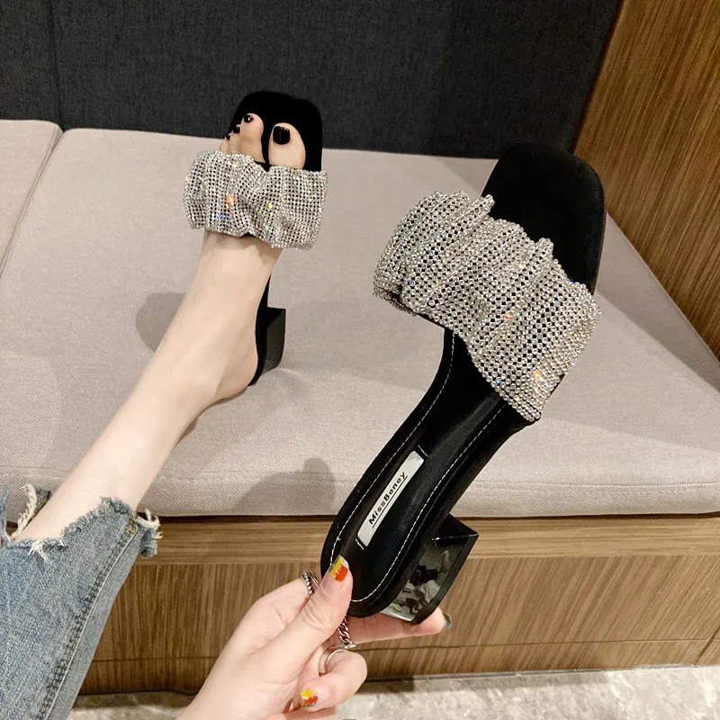 Breakj Breakj Slippers Women's Fashion Wearing Fairy Wind 2025 New Water Drill Cool Drag Low And Exposed Toe Coarse And Word Drag