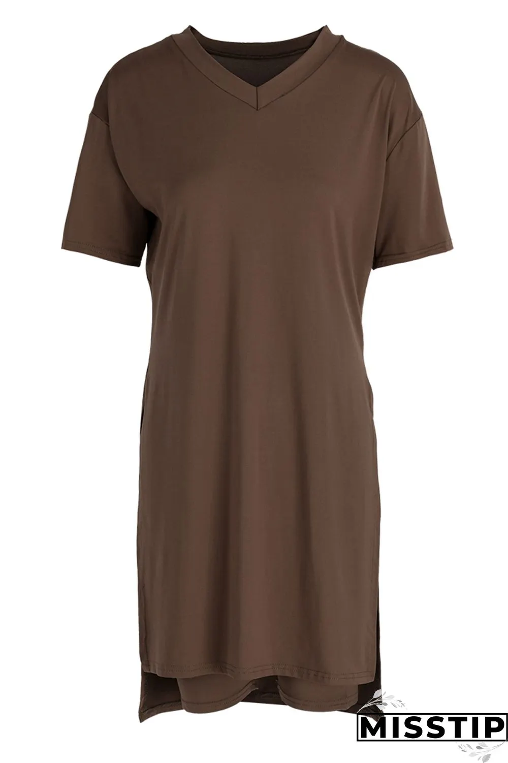 Khaki Fashion Casual Solid Slit V Neck Short Sleeve Two Pieces