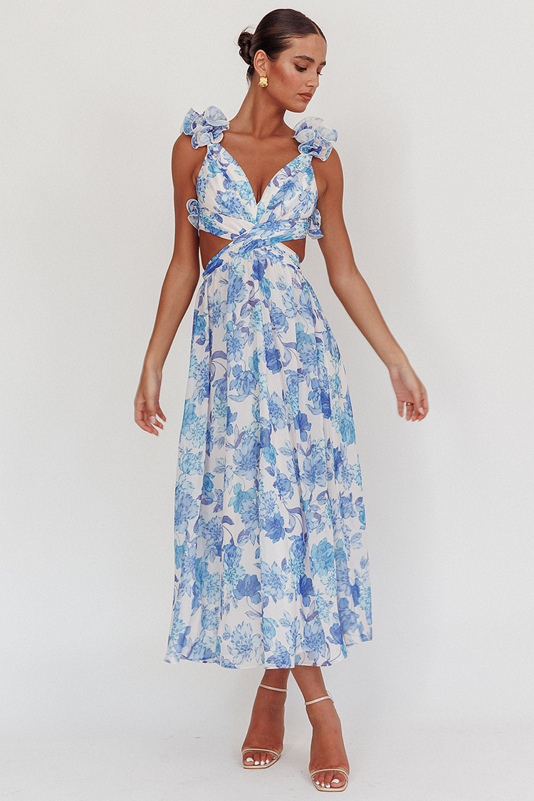 Floral Print Ruffled Cutout Lace Up Backless Midi Dresses-Blue [Pre Order]