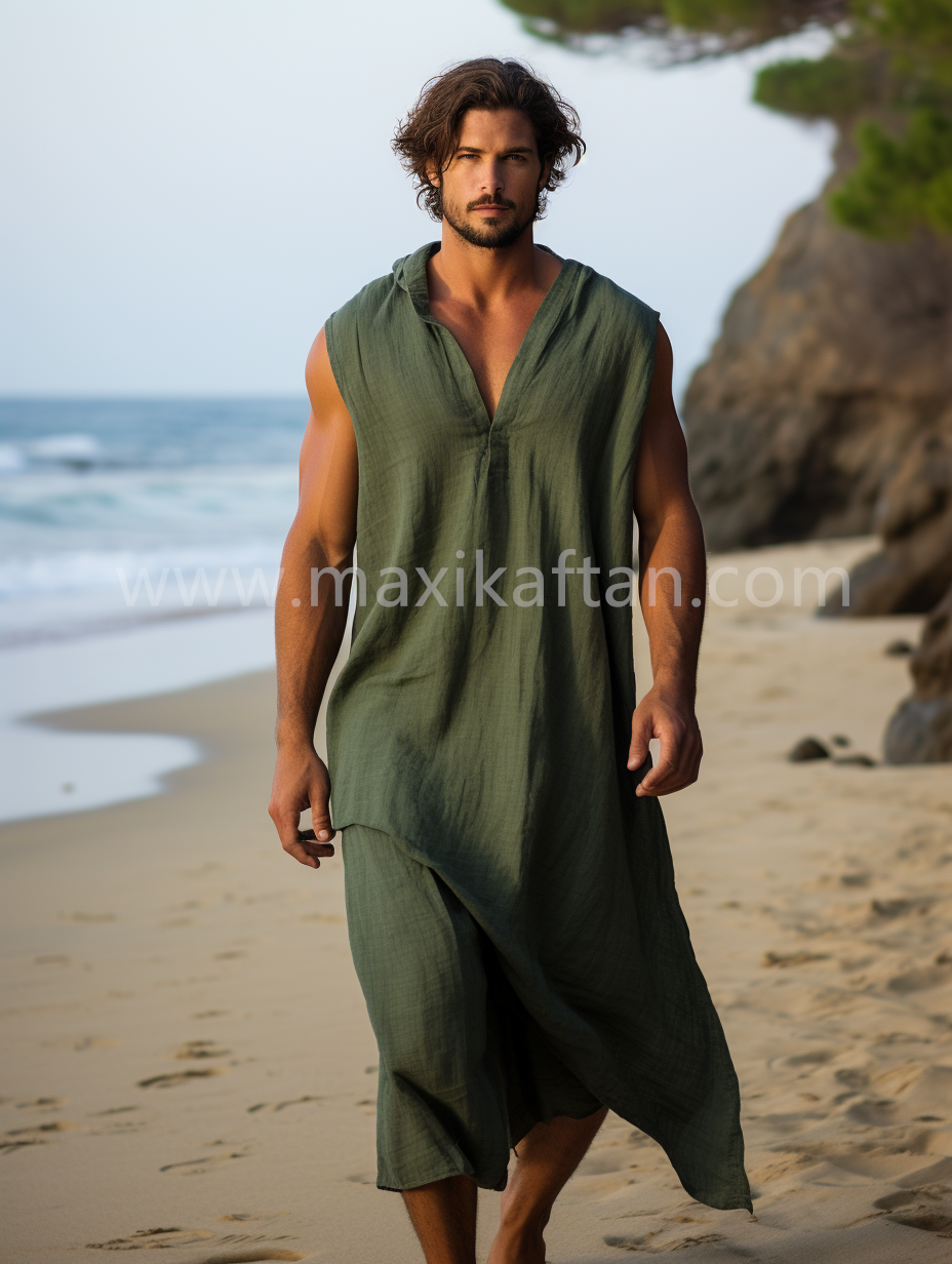 Green Men Linen Sleeveless Kaftan Solid Long Caftan