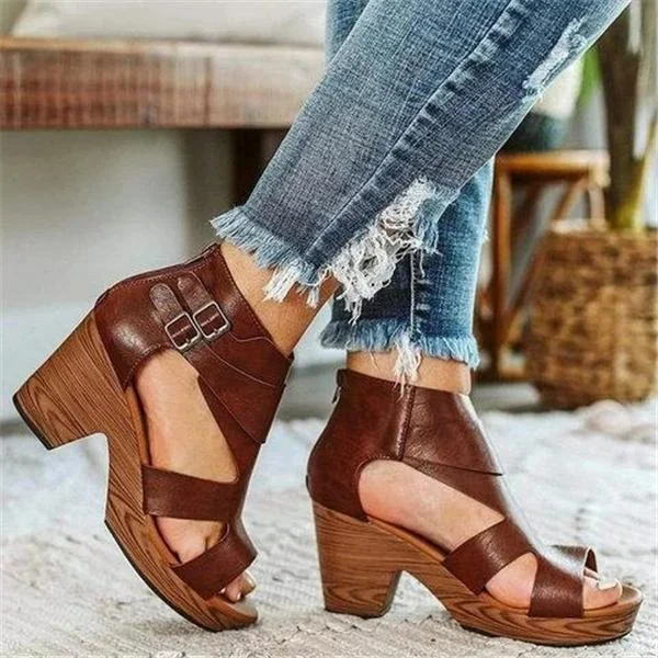 Zipper Chunky Heel Sandals Adjustable Buckle Vintage Heels