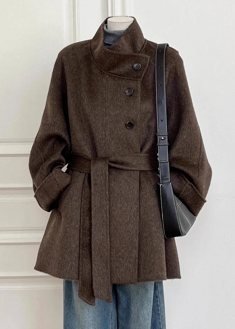 Italian Brown Pockets Patchwork Tie Waist Woolen Coat Long Sleeve