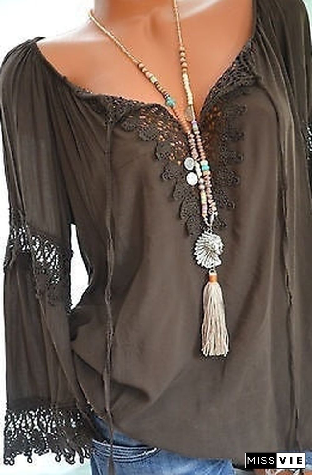 High Quality Large Size Loose Women Blouses Summer Blouses Lace Top Fashion Casual V-Neck Long Sleeve Women Shirts