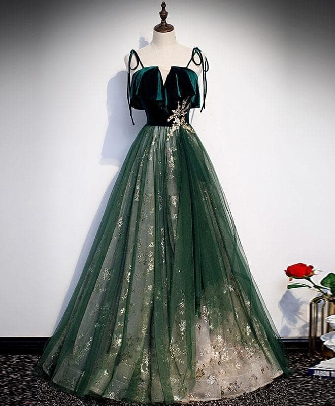 Green Tulle Lace Long Prom Dress Green Tulle Lace Formal Dress
