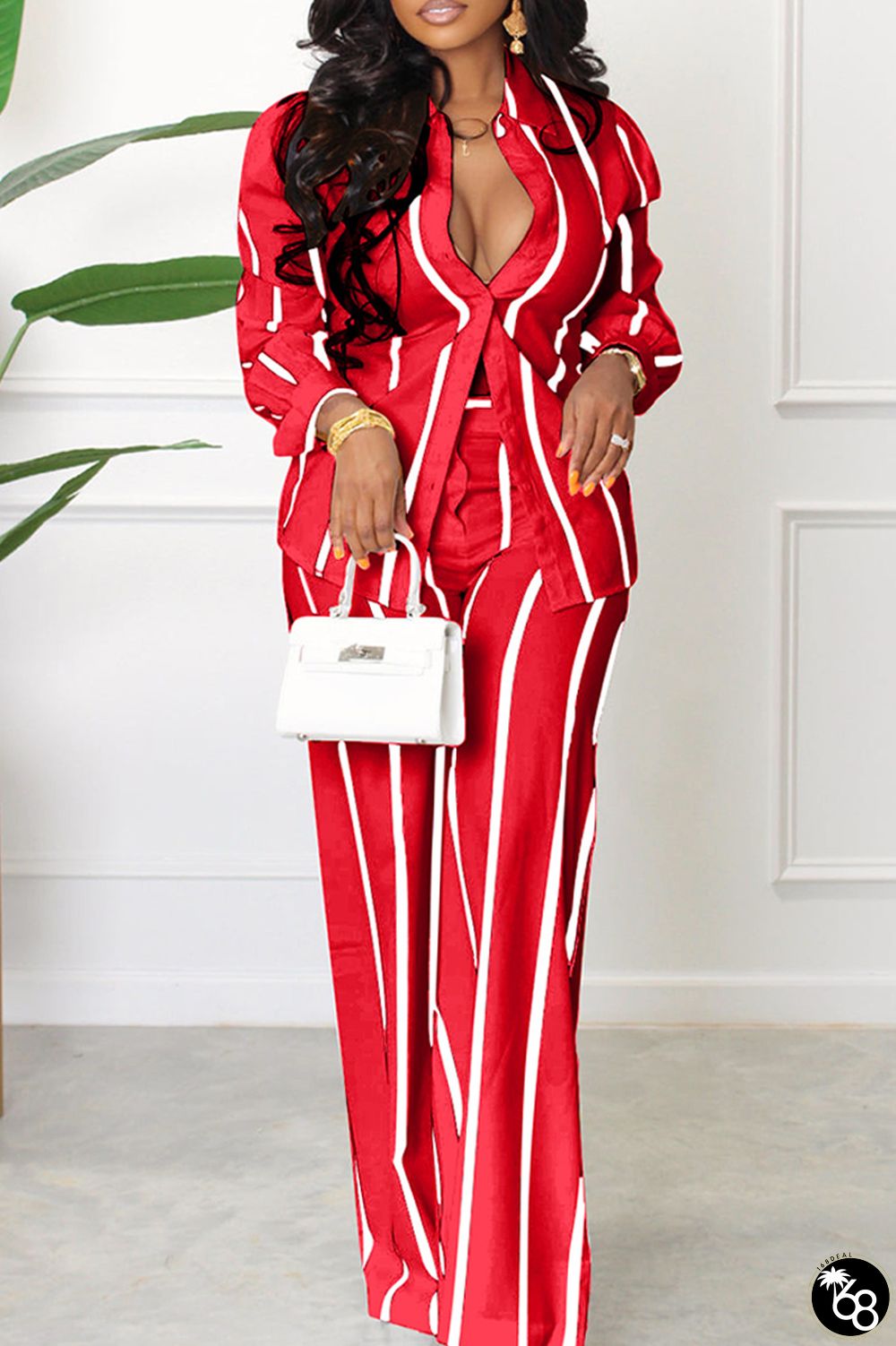 Red Casual Striped Print Basic Turndown Collar Long Sleeve Two Pieces | 168DEAL