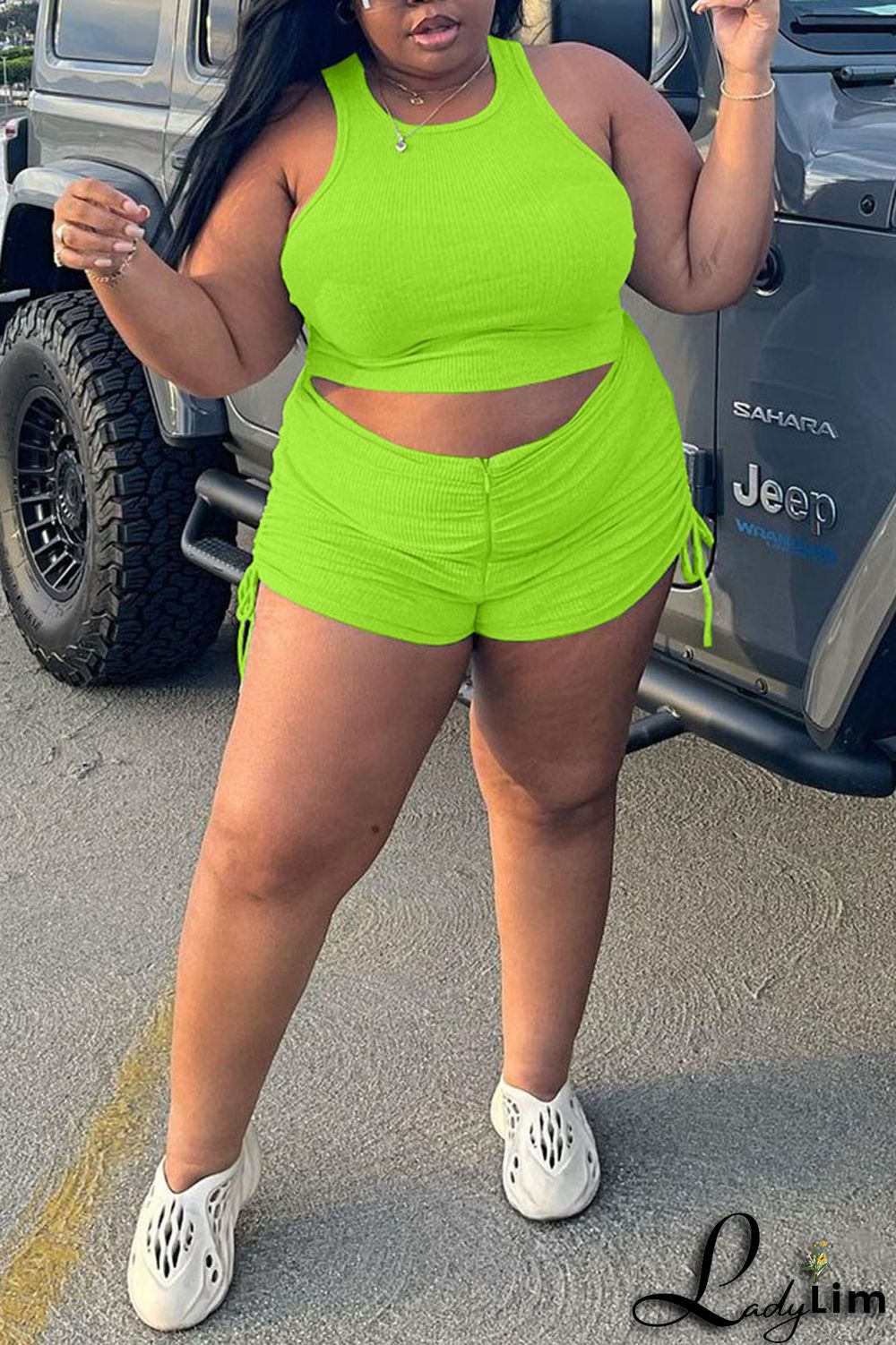 Fluorescent Green Casual Solid Split Joint O Neck Plus Size Two Pieces