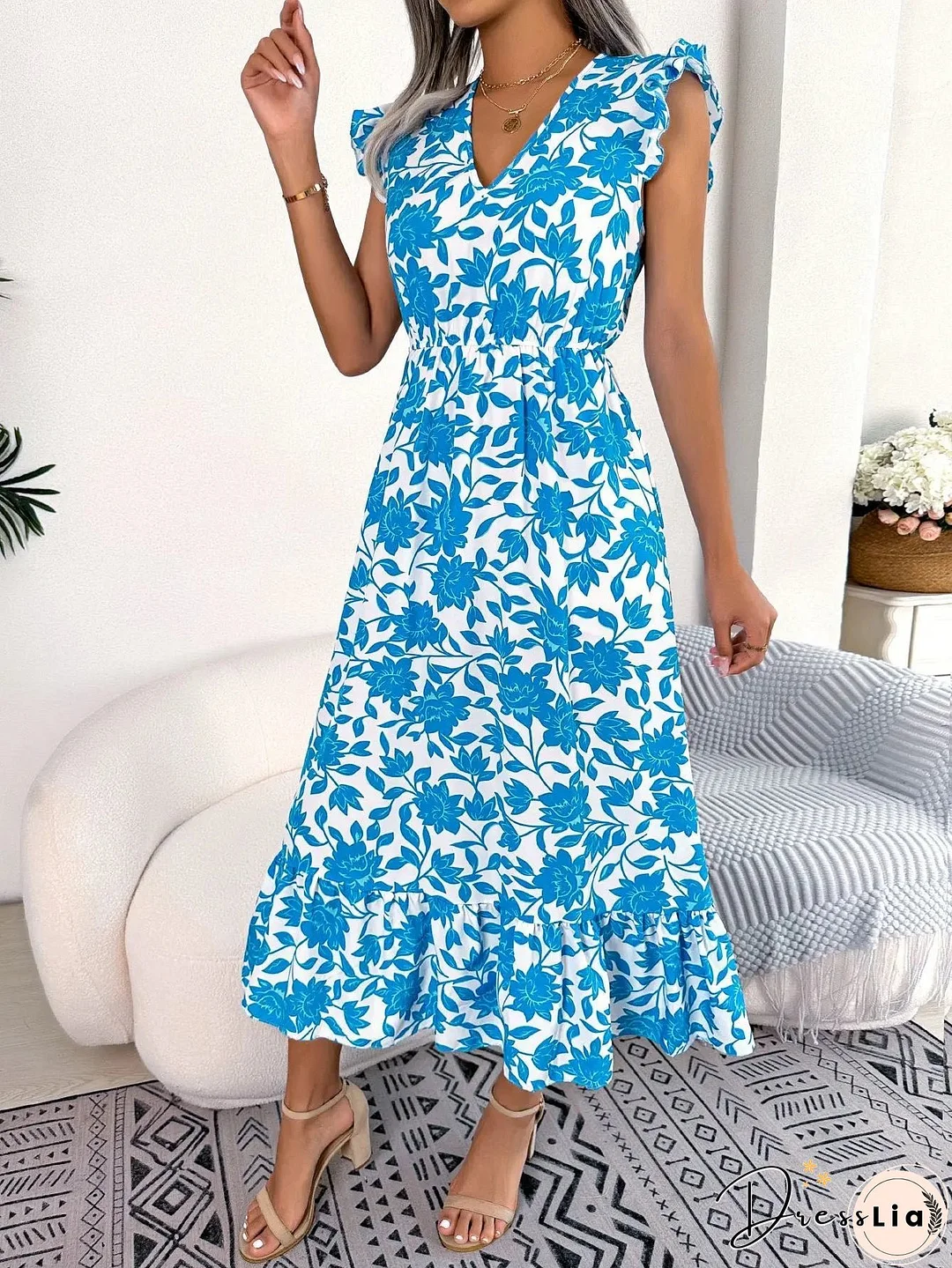 Sleeveless V Neck Summer A Line Midi Dress Boho Dress