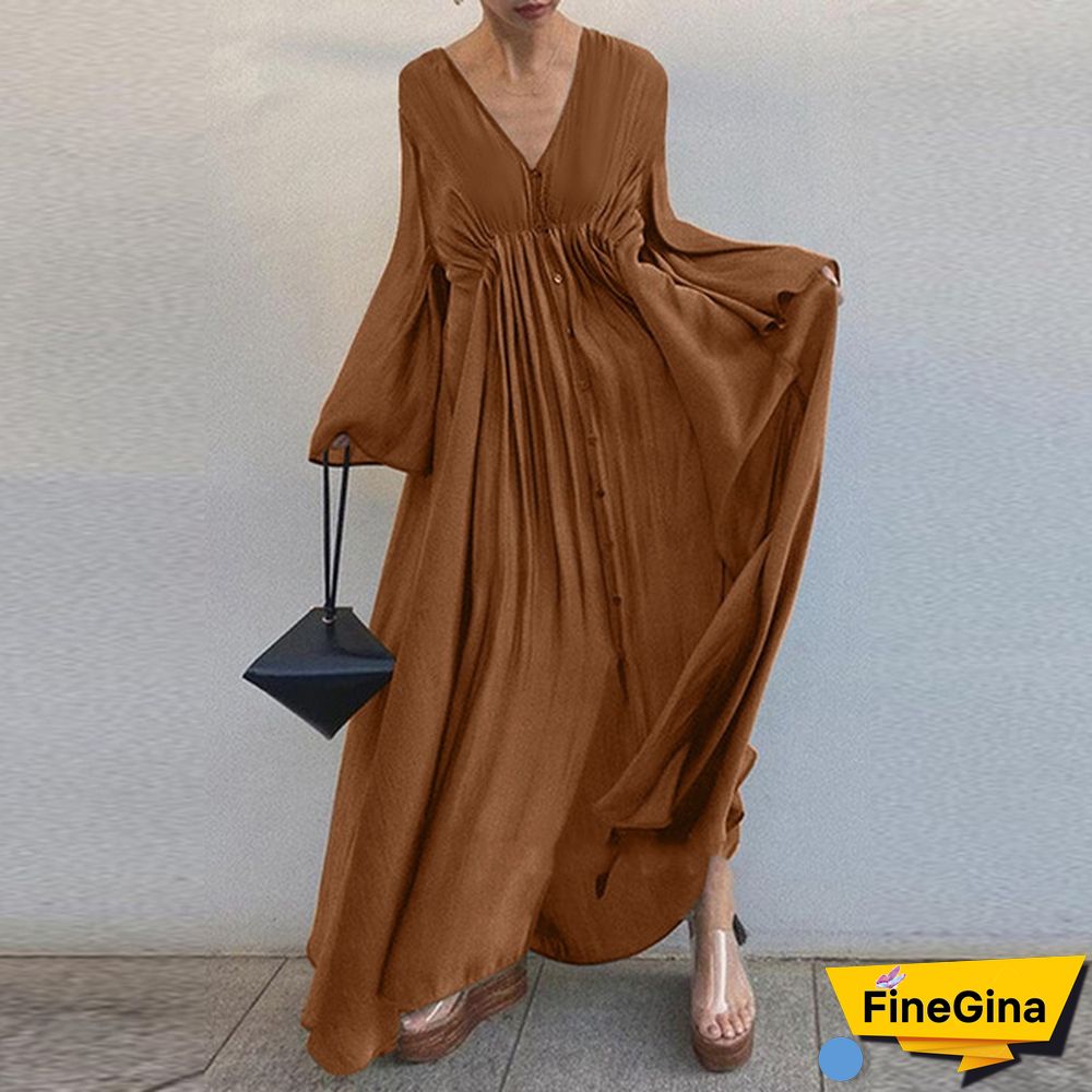 ZANZEA Women Summer V-Neck Long Sleeved Plus Size Casual Loose Long Dress Clubbing Dresses