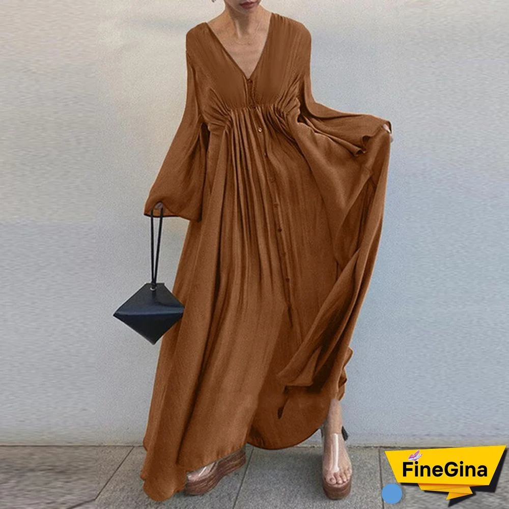 ZANZEA Women Summer V-Neck Long Sleeved Plus Size Casual Loose Long Dress Clubbing Dresses