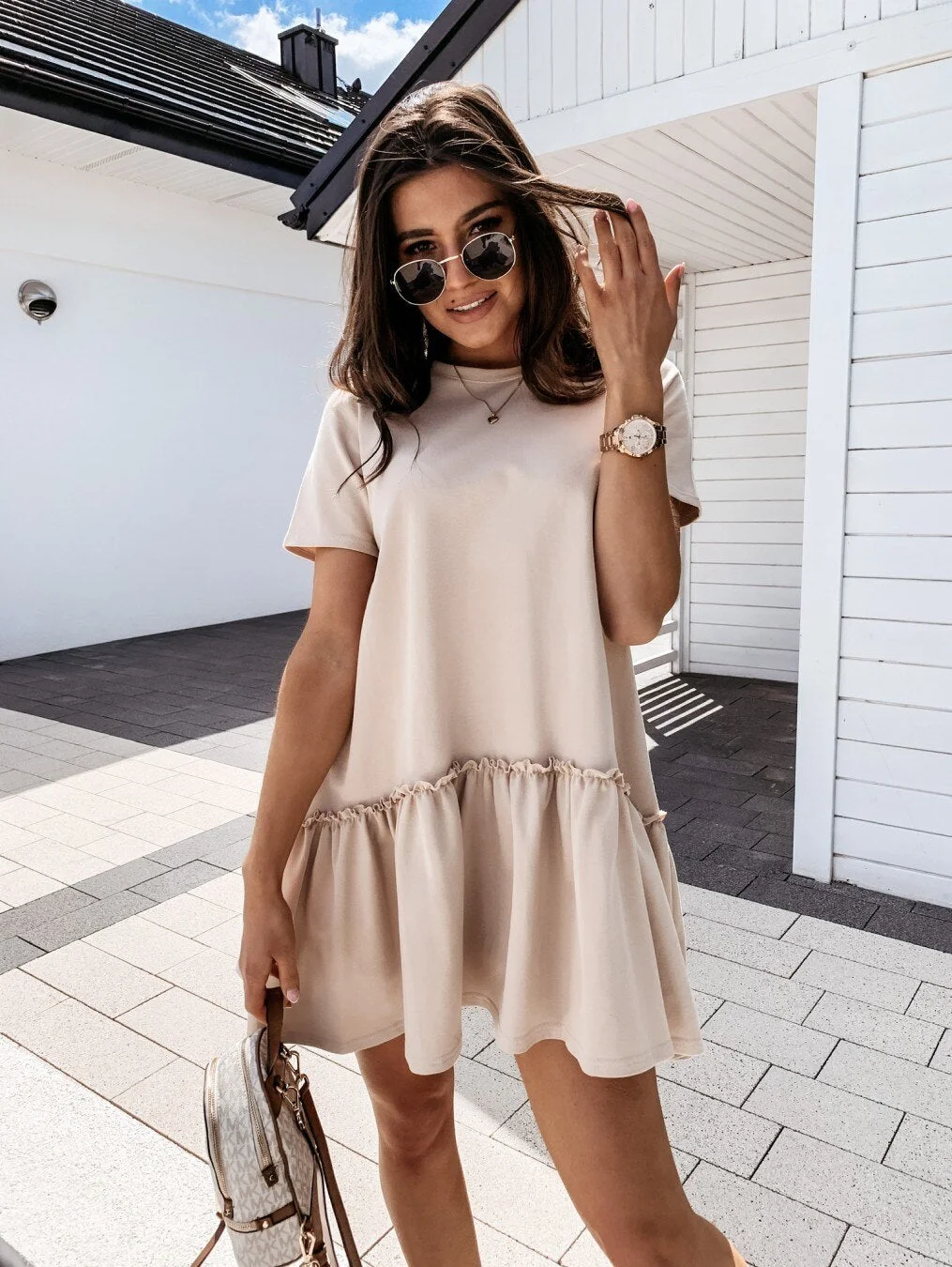 Leosoxs 2020 Summer New Fashion Sexy O Neck Women's Dress Casual Loose Solid Short Sleeve Ruffle Patchwork Ladies Dresses Basic
