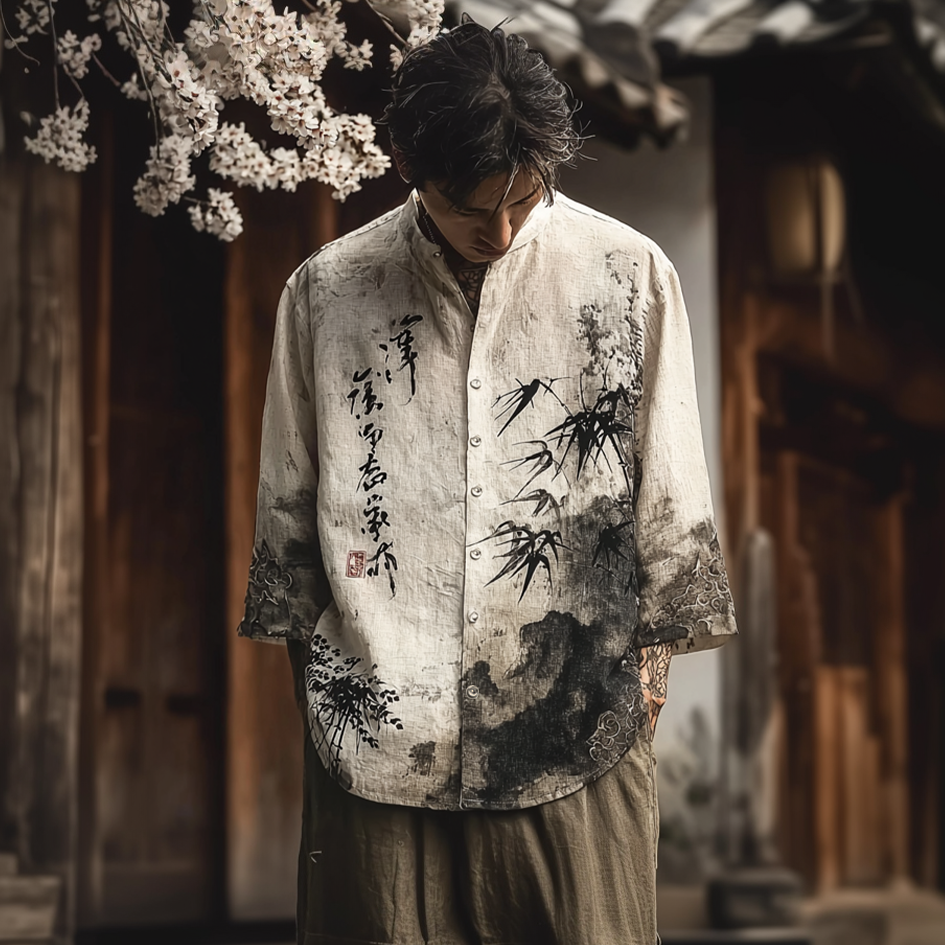 Japanese Art Retro Ink Painting Design Pattern Men's Casual Linen Long-sleeve Shirt elevenforest
