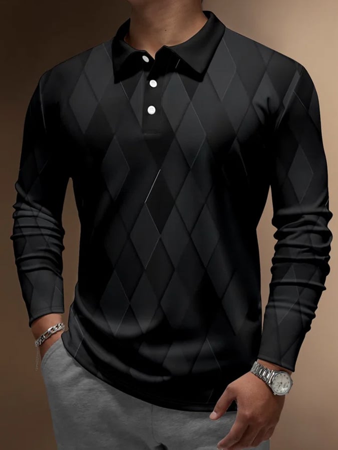 Men's Gradient Diamond Colorblock Print Button Casual Polo Shirt