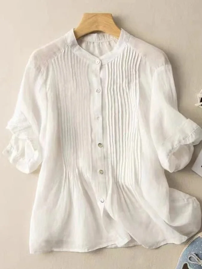Women'S Linen Button Down Pleated Loose Shirt Top In Solid Color socialshop