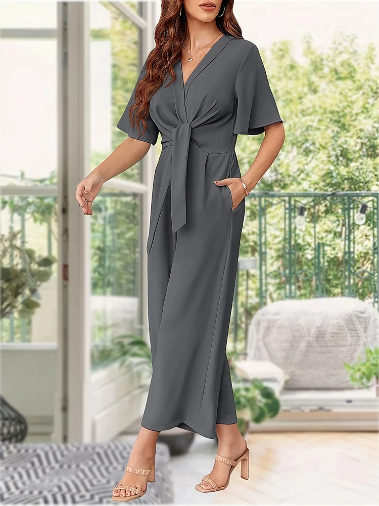 Womens Wide Leg Jumpsuits Short Sleeve Tie Knot Front Summer Long Romper