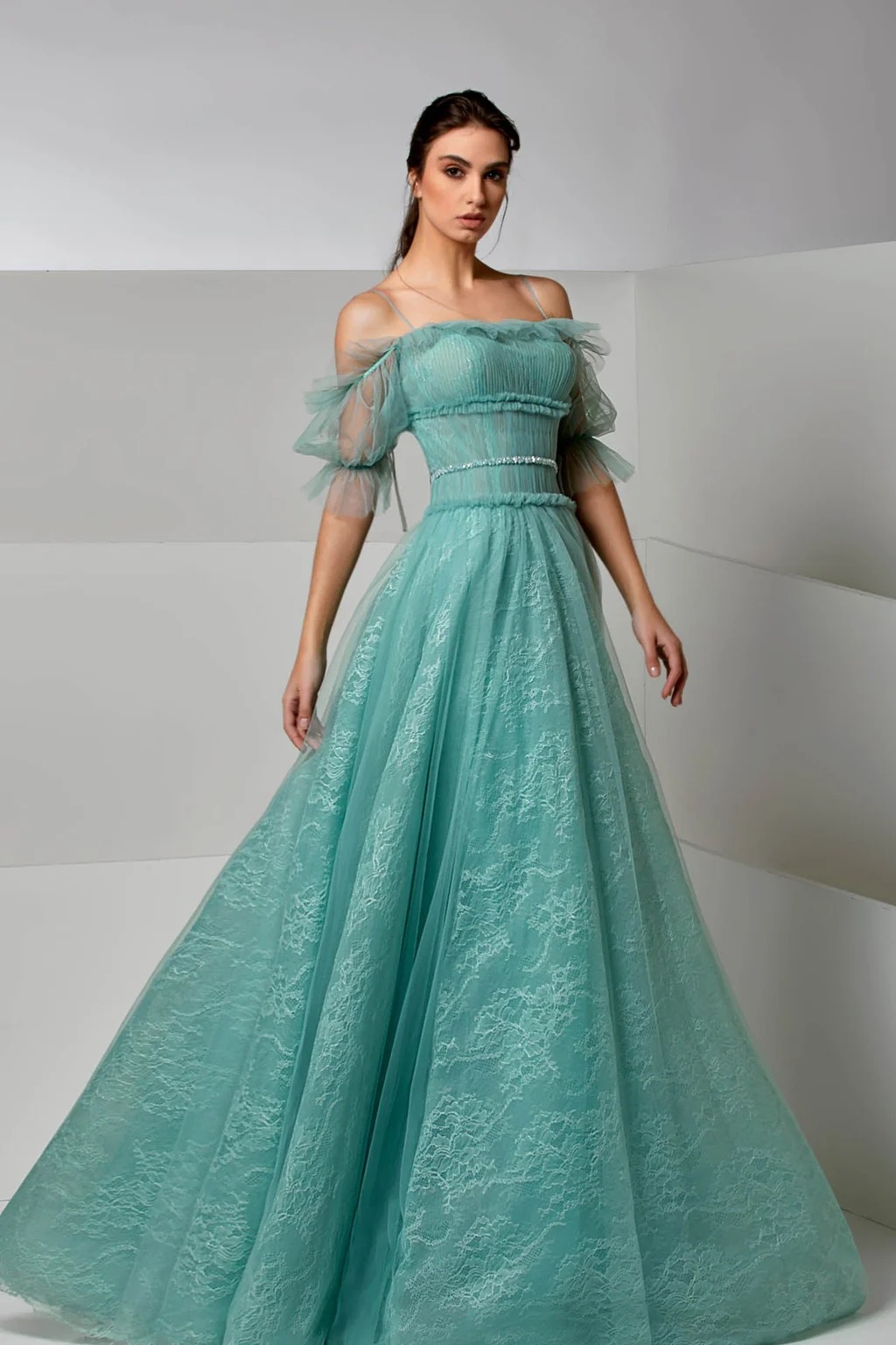 Ovlias Fashion Spaghetti Strap Off-the-shoulder Sheer Layered Prom Dress LY0747