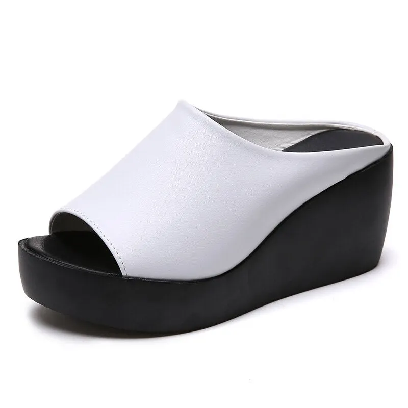 Lucyever 2019 Women Summer Casual Slides Women Platform Wedges Fish Mouth Sandals White Black Thick Bottom Ladies Slippers