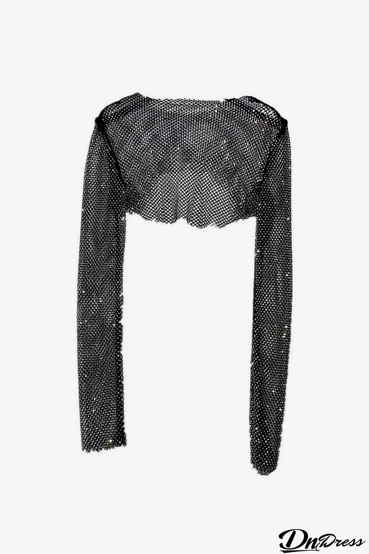 Rhinestone Openwork Long Sleeve Cropped Top