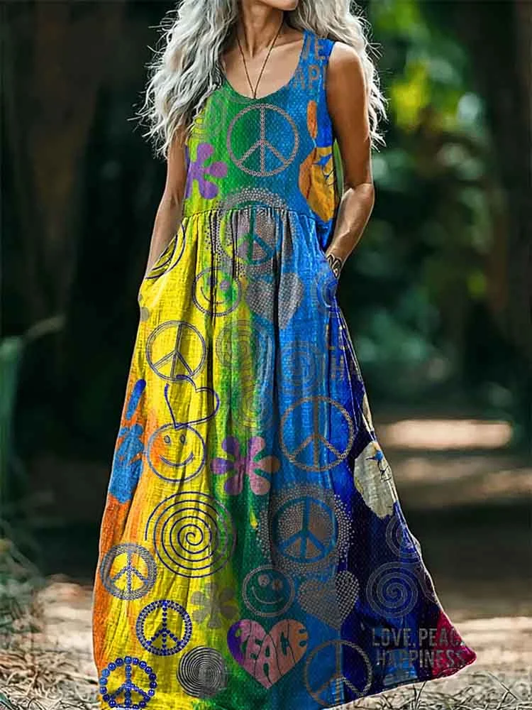 Women's Hippie Colorblocked Pattern Art Print Round Neck Sleeveless Cotton Pocket Dresses