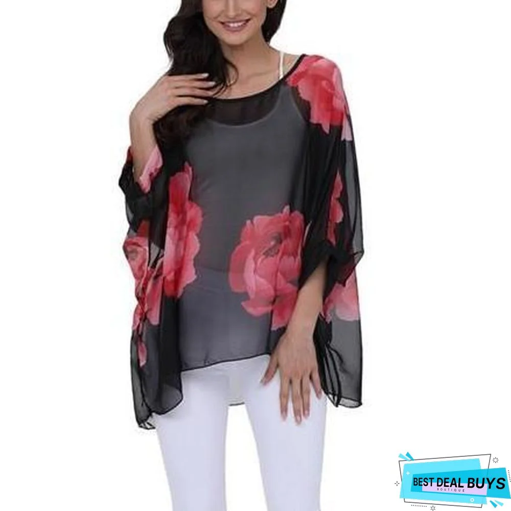 Plus Size Women Chiffon Blouse Shirt Batwing Sleeve Tops Blouses