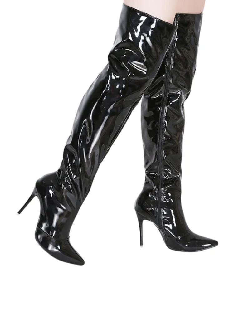 Shiny Mirror Zip Pointed Toe Stiletto Heel Over The Knee Thigh High Boots