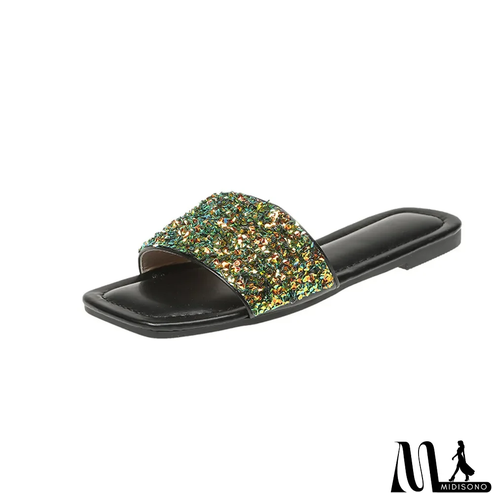MidiSono - Plus Size Soft Sole Slippers Women Summer Outdoor Wear Flat Sequined Flip Flop Square Toe Flat Sandals and Slippers