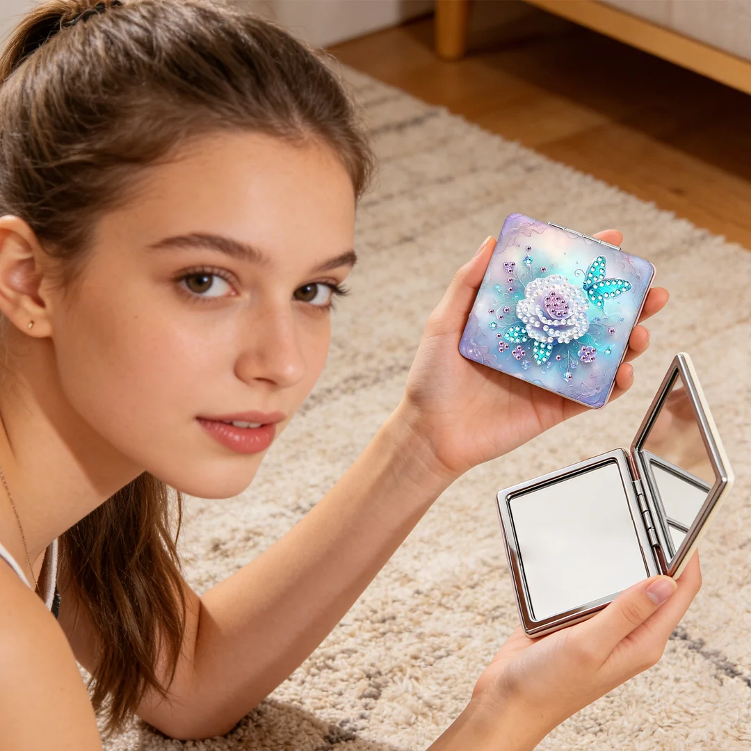 White Flower DIY Special Shaped Diamond Painting Compact Mirror Kits Diamond Art Painting Pocket Mirror for Beginners Adults Art Craft Woman Gifts