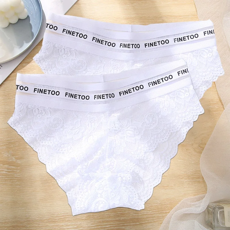 FINETOO 2PCS/Set L-XXL Floral Lace Women Panties High Waist  Sexy Lace Underwear Woman Letter Lingerie Female Seamless Briefs