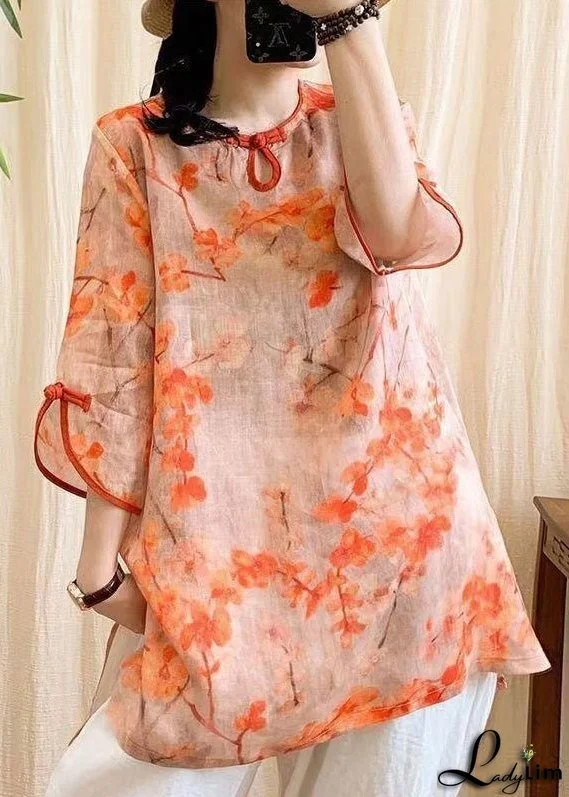 Fitted Orange Oversized Print Chinese Button Linen Blouse Tops Bracelet Sleeve