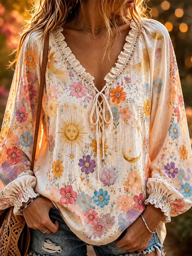 Comstylish Women's Boho Vintage Sun, Moon And Colorful Floral Print Tie-neck Blouse