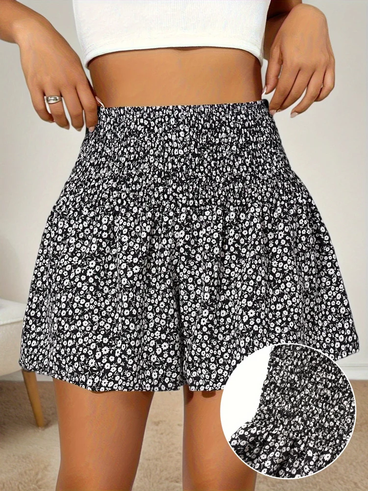 Women's High Waist Floral Print Shorts- Black And White Small Floral Pattern, Ruffled Hem, Elastic Comfortable Summer Fashion, Hand Wash Only, High Waist Short