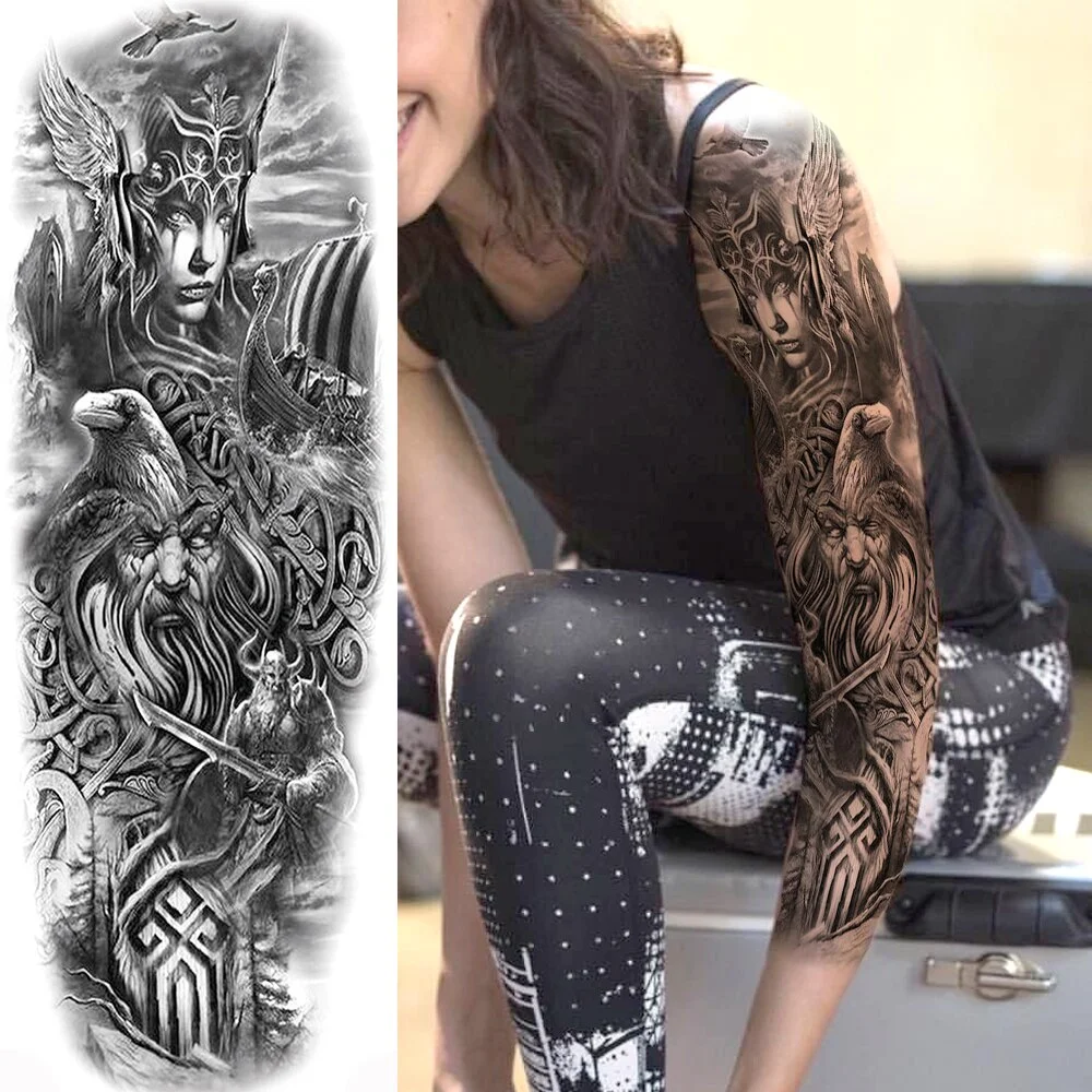 Sdrawing Totem Tattoo Arm Sleeve For Men Women Adult Realistic Fake Skeleton King Temporary Tattoo Evil Eye Demon Death Skull Tatoo