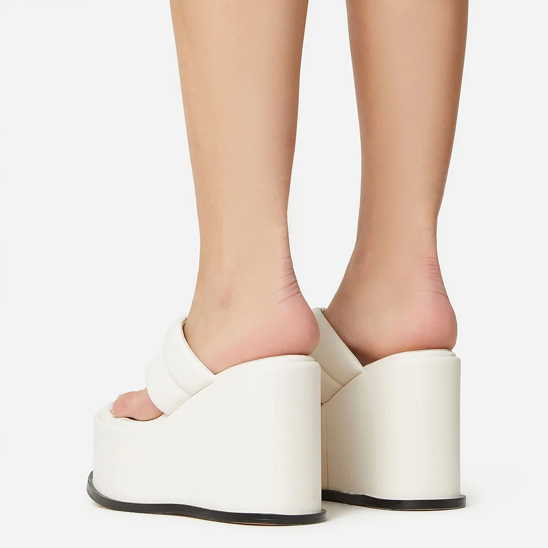 White Open Round Toe Wedge Heel Platform Flip Flops Mules Shoes