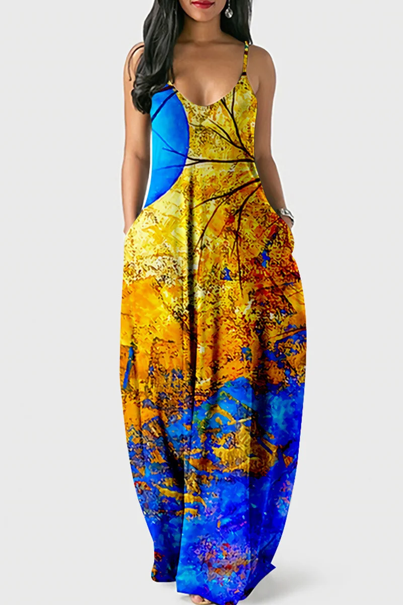 Orange Blue Fashion Sexy Print Backless Spaghetti Strap Long Dress | EGEMISS