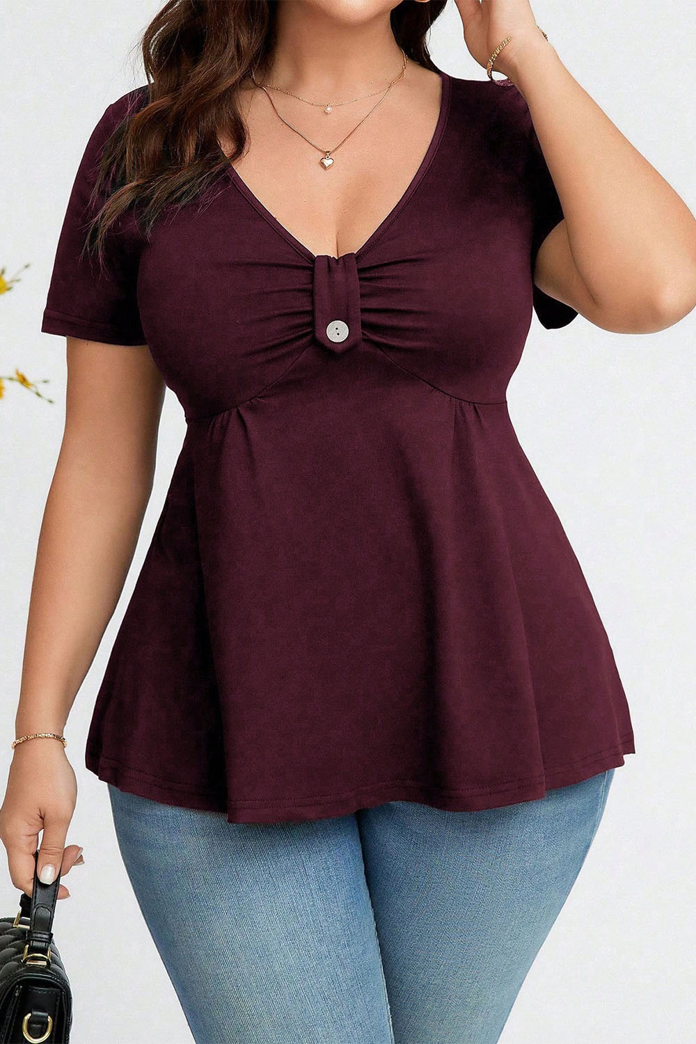 Plus Size Everyday Black Ruched Button Peplum Blouse 2024 - Flycurvy 