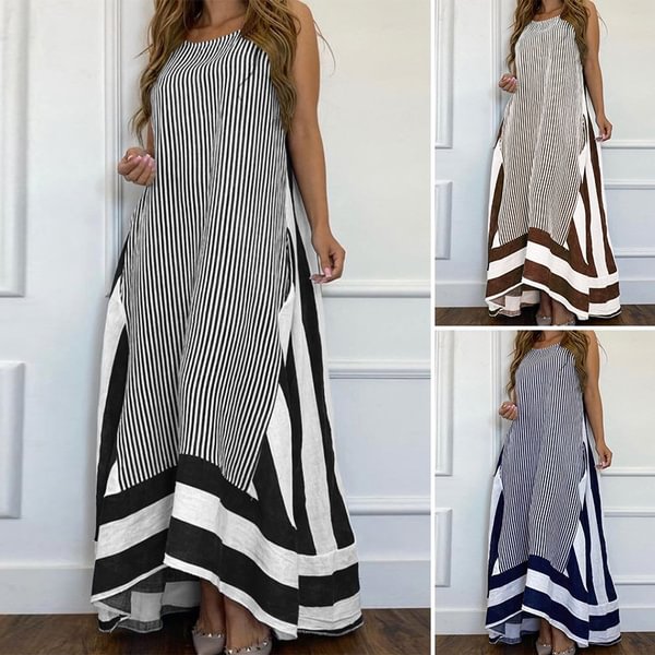Womens Sleeveless Striped Sundress Fit Loose Long Maxi Dress Plus Size - BlackFridayBuys