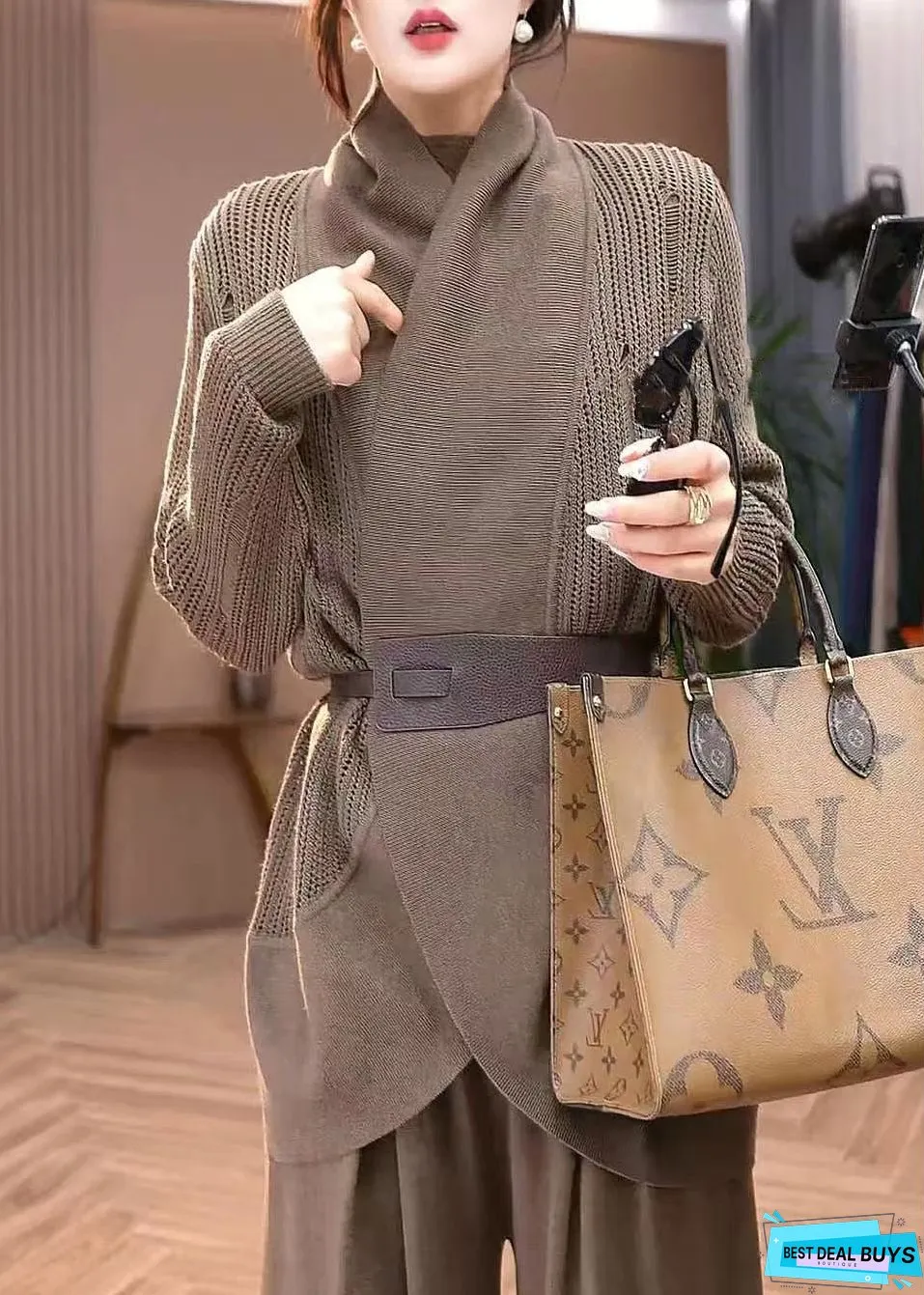 Vintage Coffee Hollow Out Solid Knit Cardigans Winter