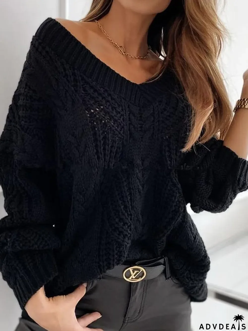 Women's Knitted V-neck Long Sleeve Sweater Top