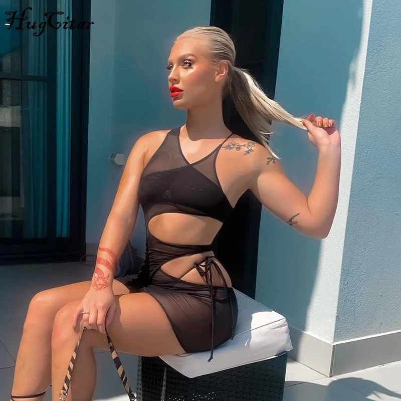 Hugcitar 2021 Mesh Sleeveless Hollow Out Patchwork Sexy Mini Dress Summer Women Fashion Streetwear Outfits Club Y2K Outfits