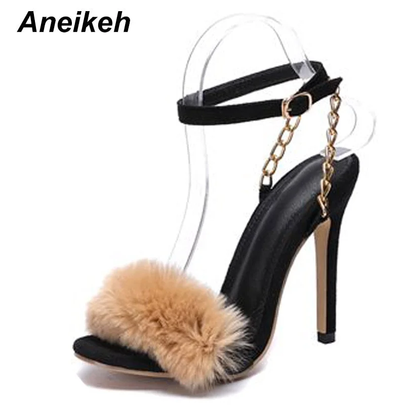 Aneikeh 2021 Sweet Fashion Sandals Women Shoes Villi Chain Thin High Heels Round Toed Wedding Dress Ankle Buckle Strap Black 42