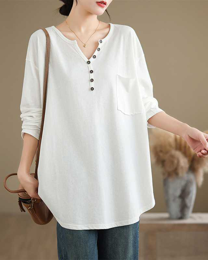 V Neck Button Chest Pockets Solid Color Long Sleeve Top