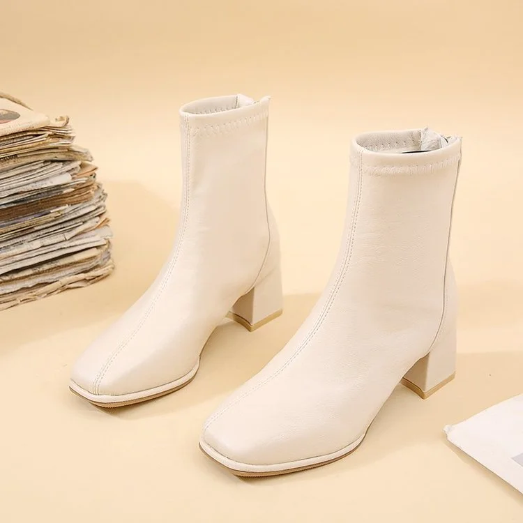  Luxury Brand Women Beige 7Cm Block High Heels Ankle Boots 2022 Winter Female Square Toe Chelsea Boots High Quality Short Boots