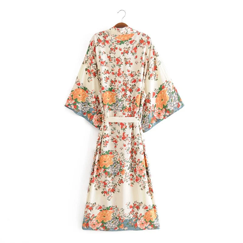 Fitshinling New Arrival Kimono Beach Wear Cover Up Fashion Slim Print Floral Boho Long Cardigan Holiday Vintage Sexy Coat Sale