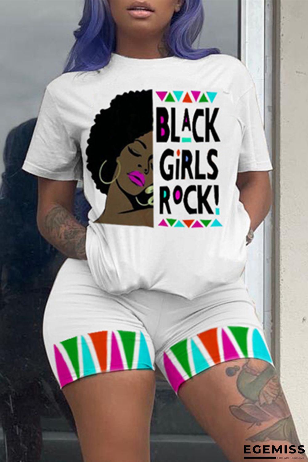 White Fashion Casual Print Basic O Neck Short Sleeve Two Pieces | EGEMISS