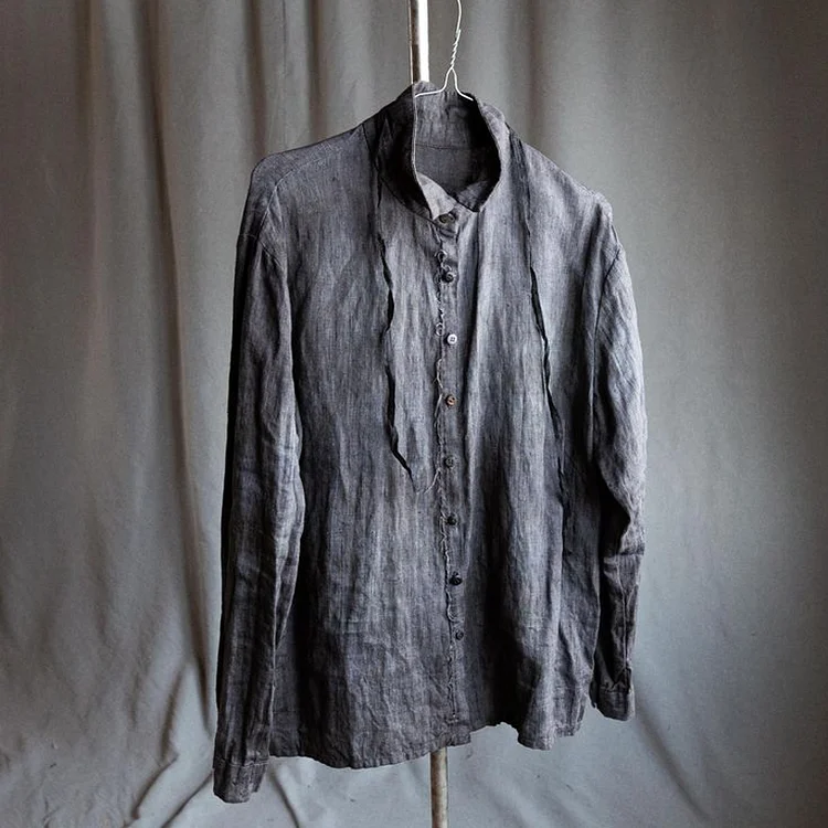 Men's Cotton And Linen Dark Grey Hand-Buttoned Shirt