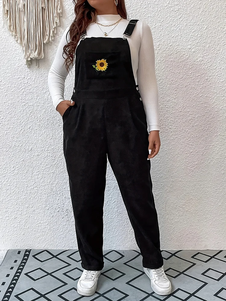 Women's Corduroy Black Jumpsuit Sunflower Jumpsuit Overall One Matching