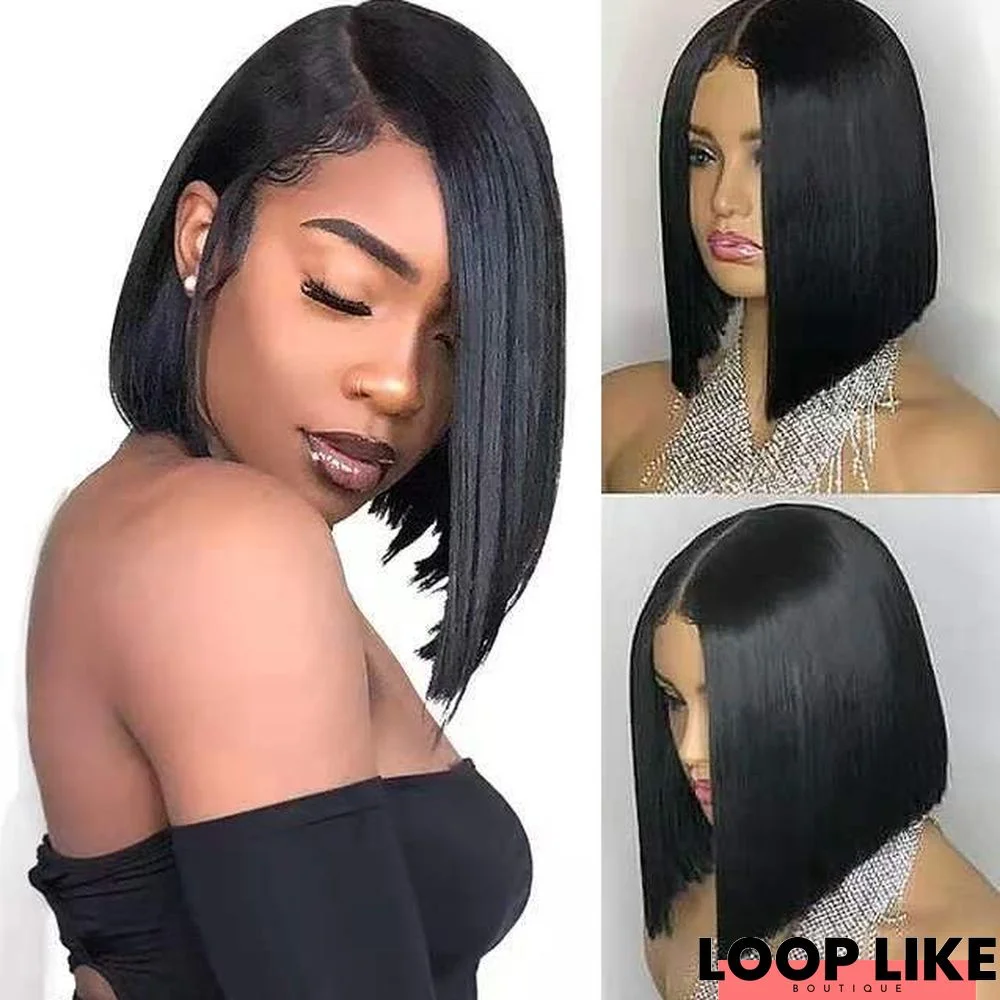 New Women's Long Black Wig with Oblique Tail and Classic Straight Hair Headgear